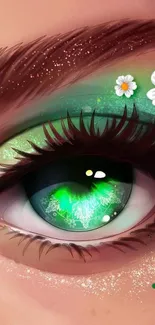 Close-up artwork of a green eye with floral accents.