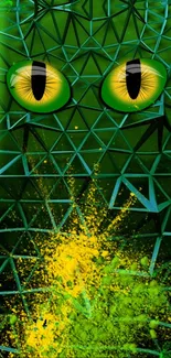 Green geometric wallpaper with reptile eyes and yellow splash.