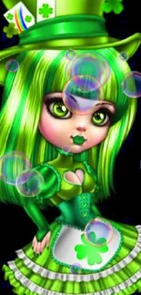 Vibrant green fantasy character on black background wallpaper