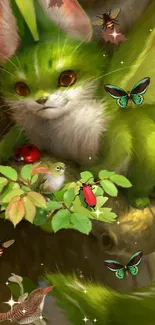 Green mythical creature with butterflies in a fantasy scene.