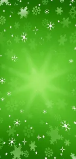 Vibrant green wallpaper with snowflakes and sparkling stars.