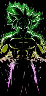 Anime hero in green energy silhouette against a dark background.