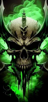 Skull wallpaper with vibrant green flames and gothic design.