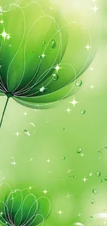 Elegant green floral design with abstract flowers and bubbles.