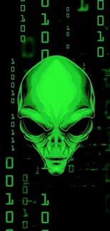 Neon green alien head on binary code background wallpaper.