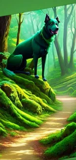 Wallpaper of a dog in a lush green forest landscape.