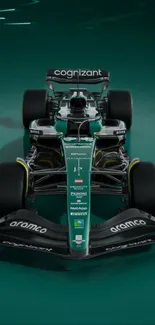 Front view of a green Formula One car on a teal background.