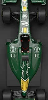 Overhead view of a green Formula One racing car.