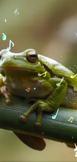 Green frog resting on bamboo with musical notes.