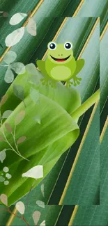 Cartoon frog on a green leafy background.