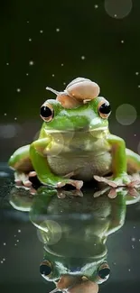 Green frog with a snail on its head, reflecting on a dark surface.