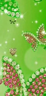 Vibrant green wallpaper with gem butterflies.