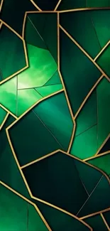 Green geometric art wallpaper with gold lines