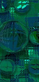 Green geometric bubble design on grid wallpaper.