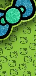 Green wallpaper with glittery bow and cat pattern design.