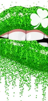 Green glitter lips with shamrock for mobile wallpaper.