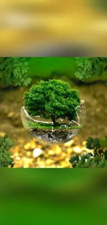 Floating green tree in a glass orb with a vibrant forest background.