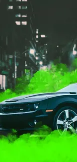 Black car with green smoke in urban night setting.