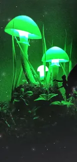 Glowing green mushrooms with a fairy silhouette in a mystical forest.