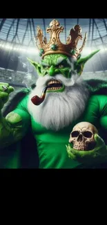 Green goblin king in stadium holding a skull.