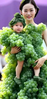 Mother and child in grape-themed green outfits, vibrant and playful.