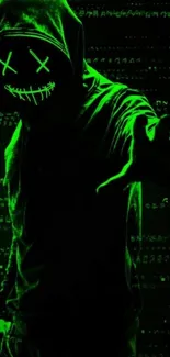 Mysterious hooded figure with glowing green mask on a phone wallpaper.