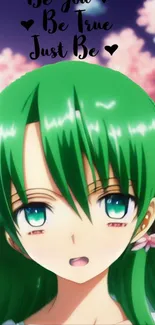 Anime character with green hair and serene background.