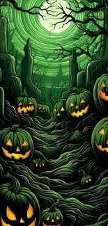 Green forest with glowing Halloween pumpkins.