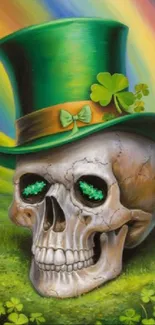 Skull with green top hat and shamrock on rainbow background.