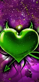 Neon green heart with devil horns on purple background.