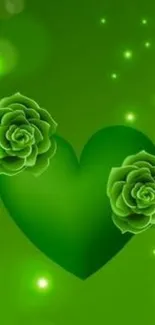 Vibrant green heart with glowing floral elements wallpaper.