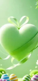 Green heart with floral accents on mobile wallpaper