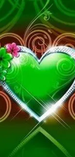 Stylized green heart with floral accents on a vibrant background.