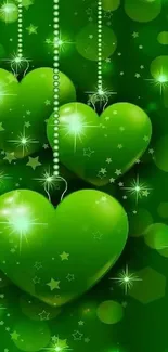 Vibrant green heart wallpaper with stars and lights for mobile screen.