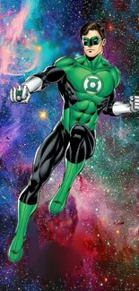 Superhero in green suit flying in vibrant cosmic background.