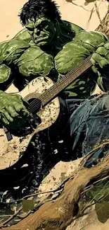 Hulk playing guitar in vivid comic art style wallpaper.