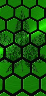 Green hexagon circuit pattern wallpaper with futuristic design.