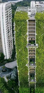 Green high-rise building surrounded by nature.