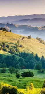 Scenic view of rolling green hills with misty mountains.