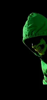 Green hoodie with skull face on dark background