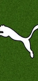 Green wallpaper with a sleek white leaping puma design on it.