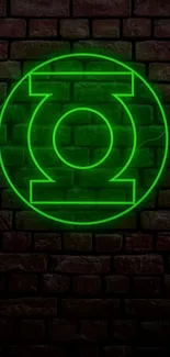 Green Lantern neon symbol on brick wall.