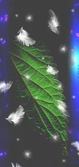 Green leaf with glowing feathers on a blue-hued wallpaper.