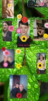 Vibrant photo collage on green leaf with colorful flowers.