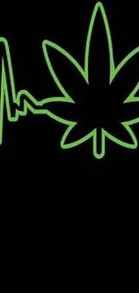 Green neon cannabis leaf with heartbeat line on black background.