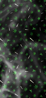 Green cannabis leaves and joints on a black wallpaper background.