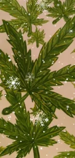 Green leaves and snowflakes mobile wallpaper.