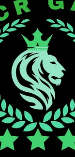 Green lion emblem with stars and leaves design.