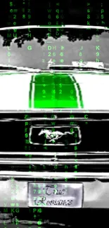 Green matrix coding over classic car wallpaper.