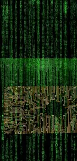 Matrix-style green code and circuit design wallpaper.